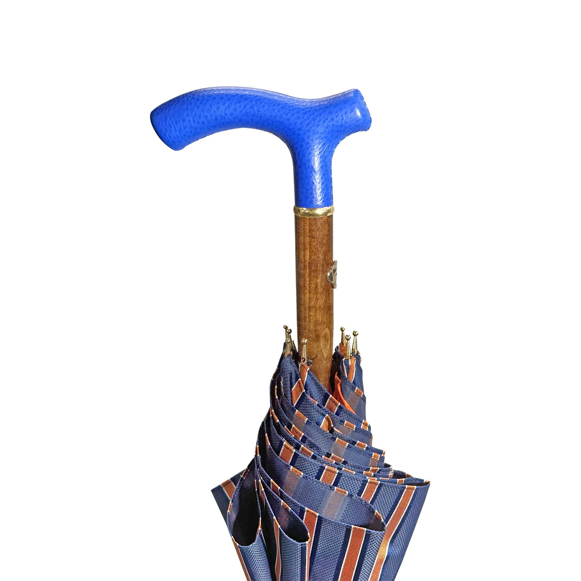 Vibrant Orange Striped Umbrella with Handcrafted Blue Leather Handle