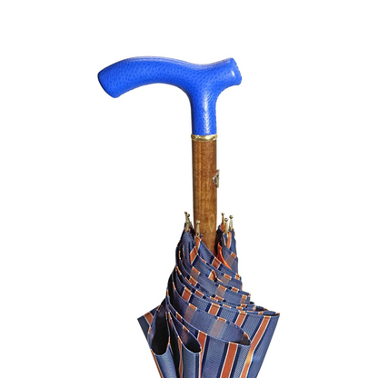 Vibrant Orange Striped Umbrella with Handcrafted Blue Leather Handle