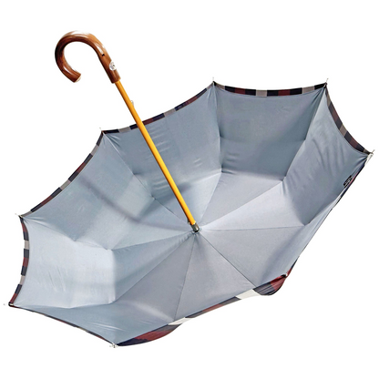 Classic Grey Striped Double Canopy Umbrella with Handcrafted Chestnut Detail