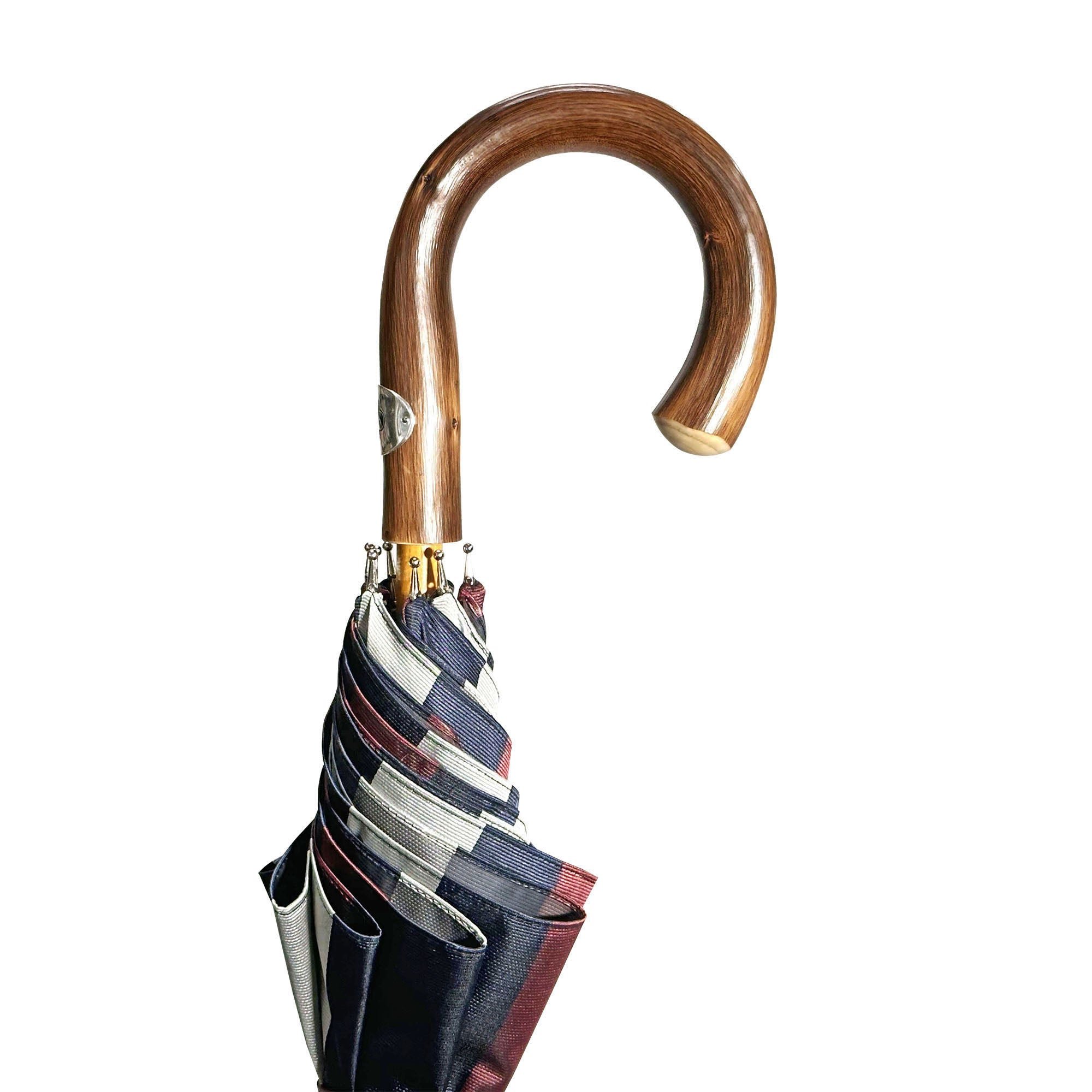 Classic Grey Striped Double Canopy Umbrella with Handcrafted Chestnut Detail