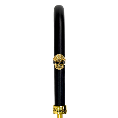 Leather Handle 24K Skull Detail Black and Gold Damask Umbrella