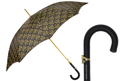 Leather Handle 24K Skull Detail Black and Gold Damask Umbrella