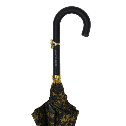 Leather Handle 24K Skull Detail Black and Gold Damask Umbrella
