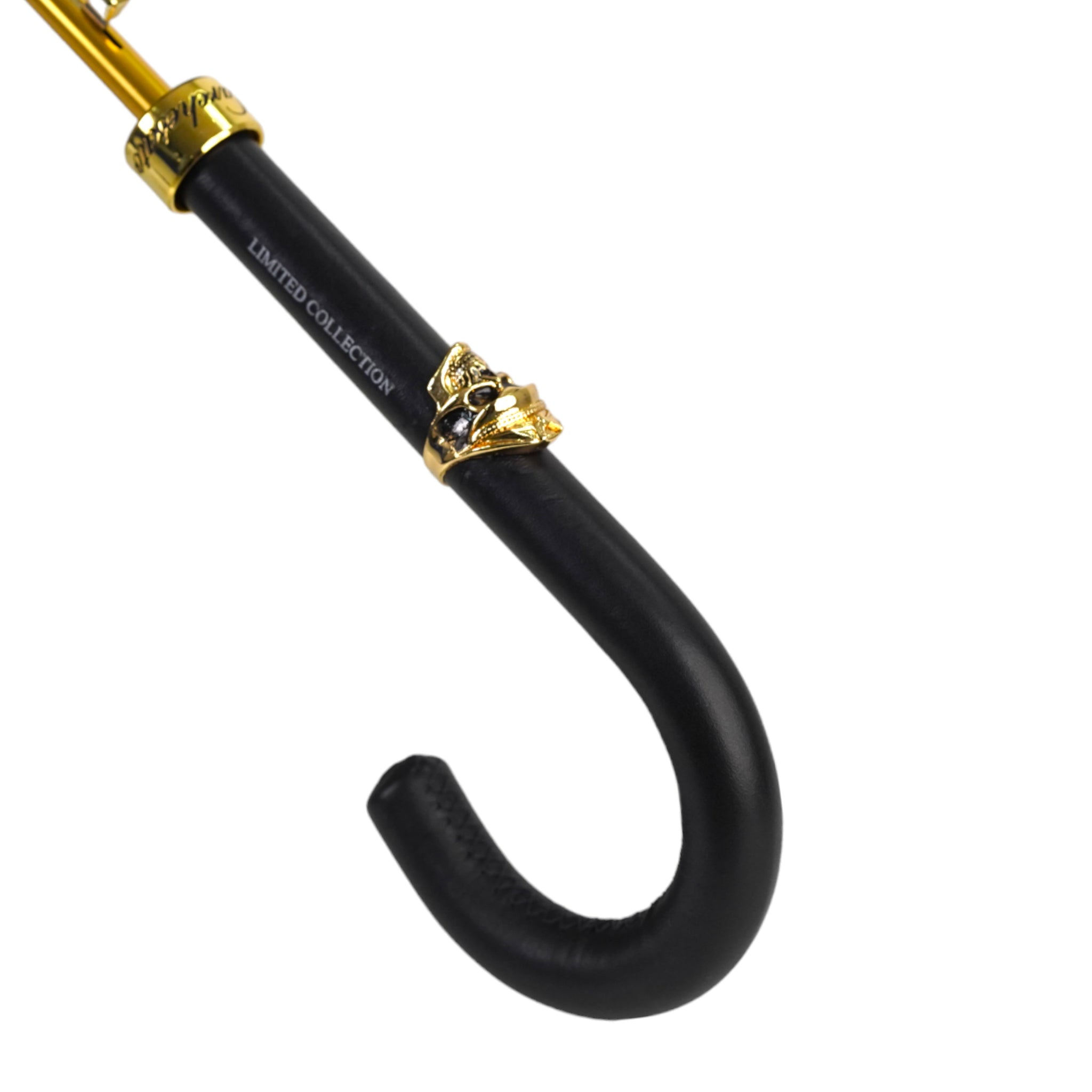 Leather Handle 24K Skull Detail Black and Gold Damask Umbrella