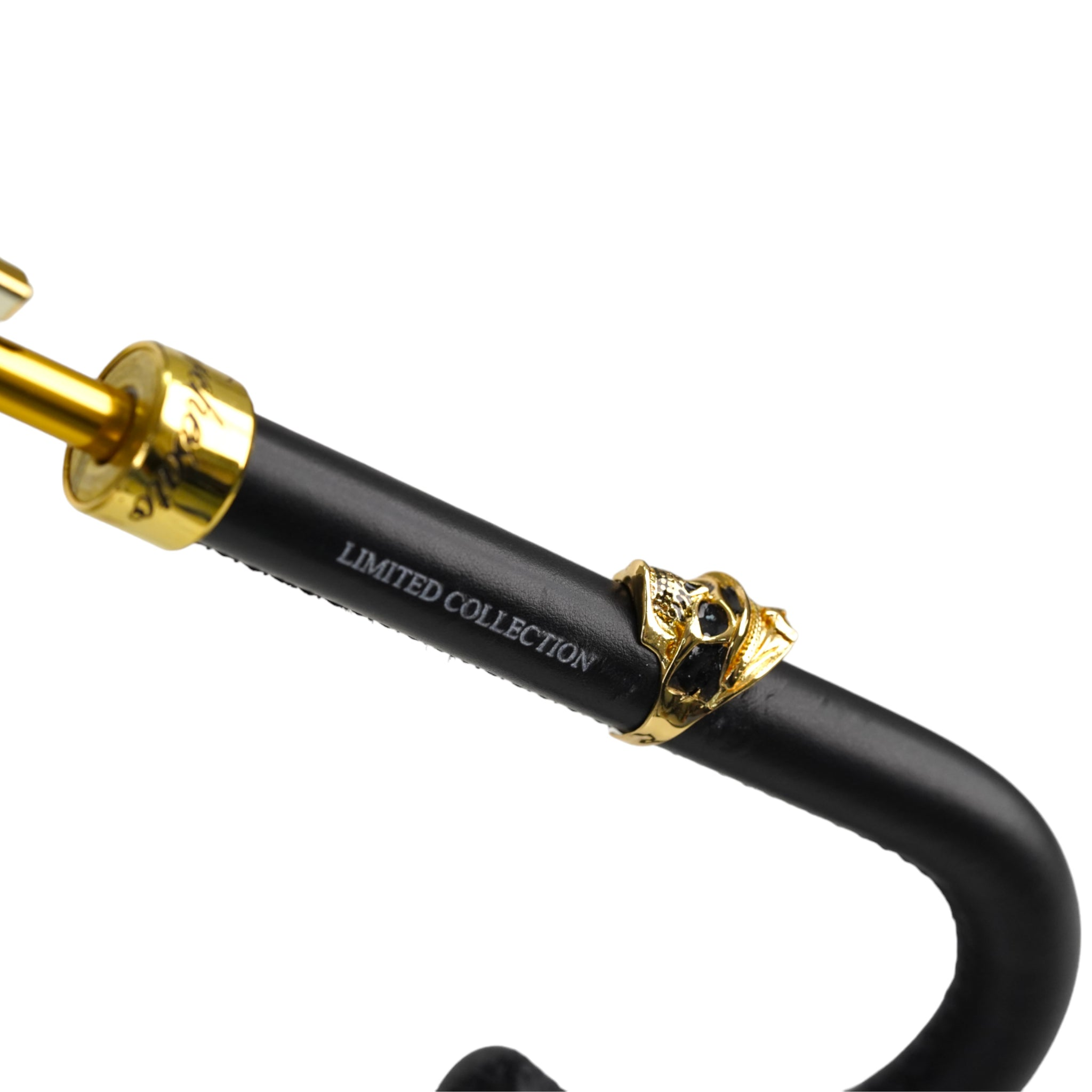 Leather Handle 24K Skull Detail Black and Gold Damask Umbrella