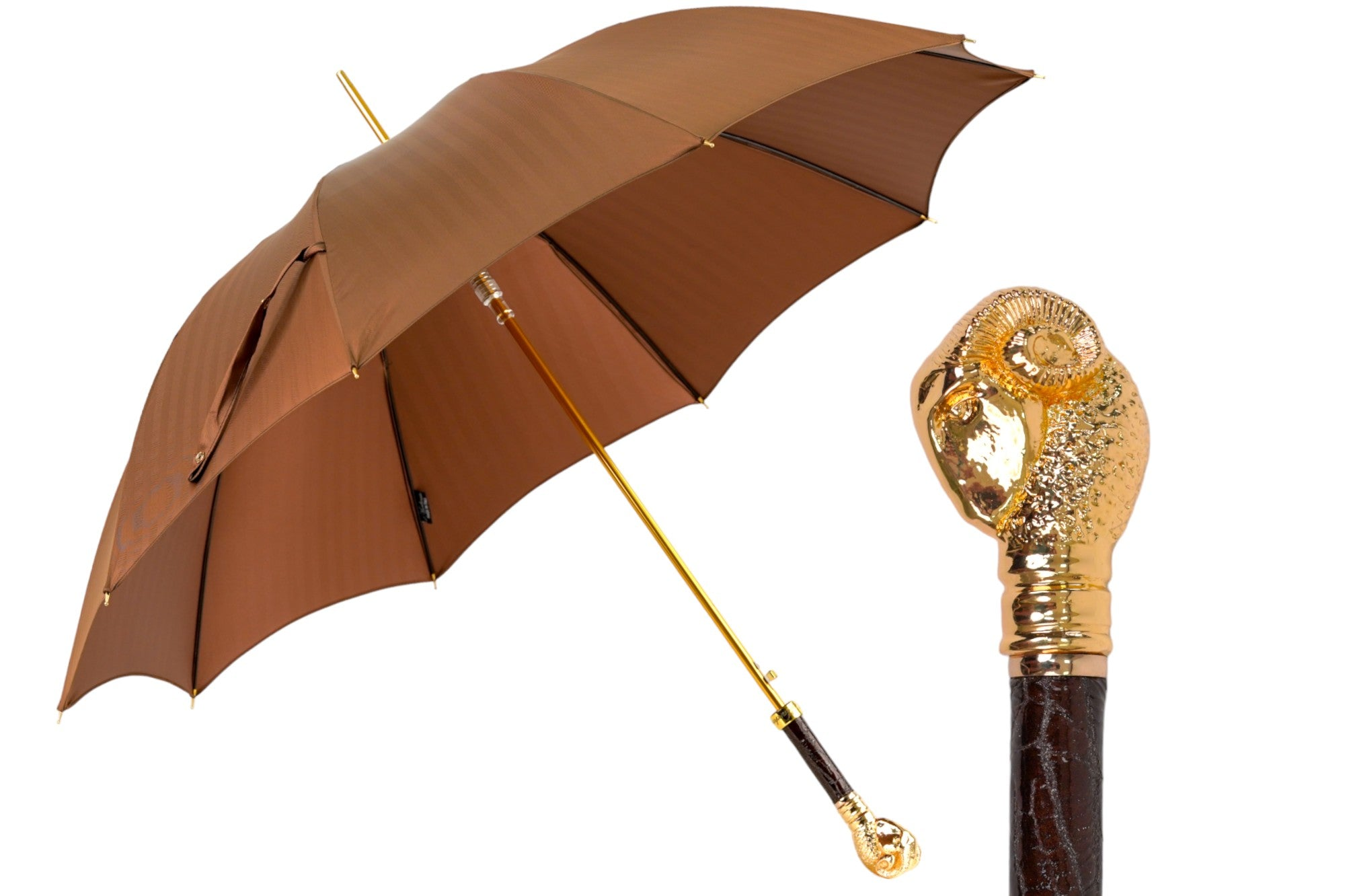 Refined Tobacco Striped Umbrella with Gold Ram Handle