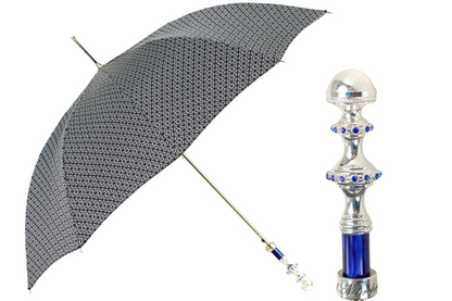 Grey and Blue Jacquard Umbrella with a Silver-Plated Crystal Handle