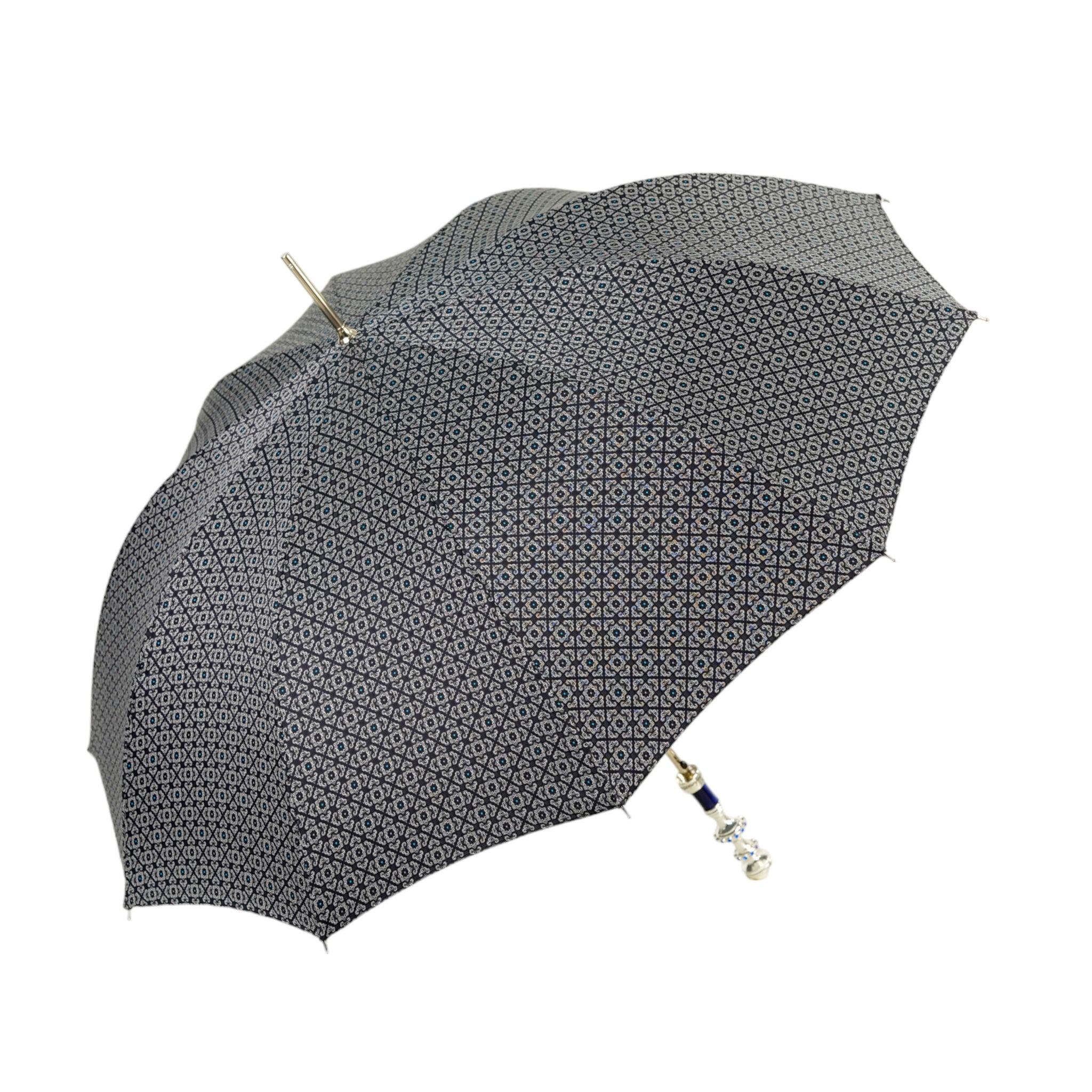 Grey and Blue Jacquard Umbrella with a Silver-Plated Crystal Handle