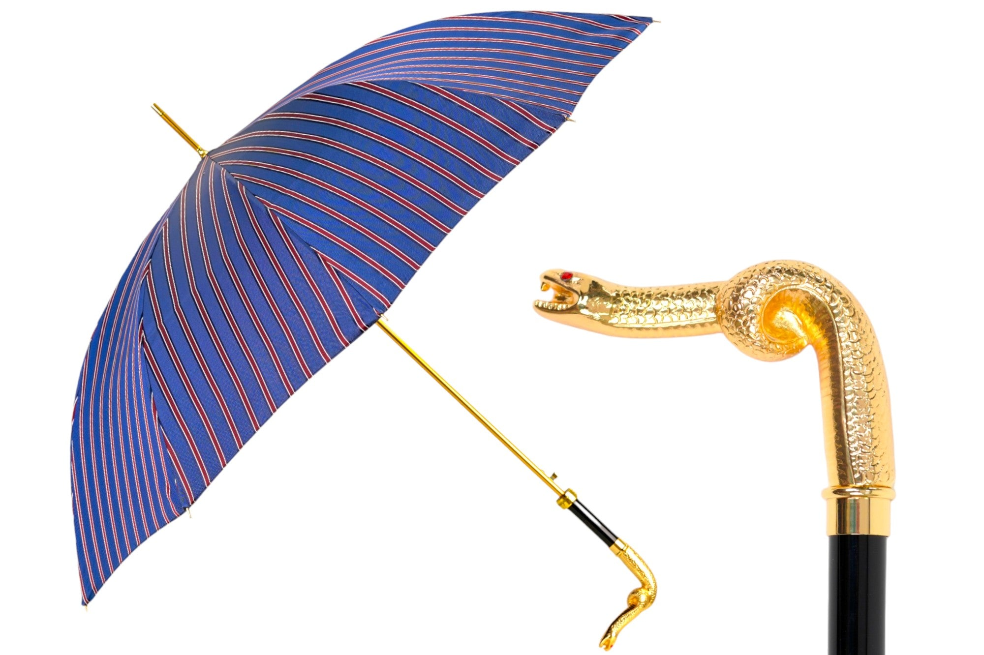 Luxury Blue and Bordeaux Striped Men’s Umbrella with Gold Snake Handle