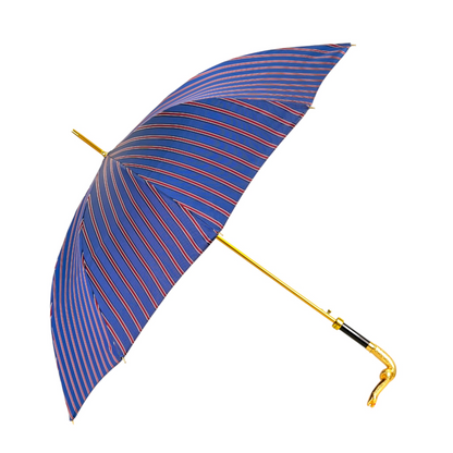 Luxury Blue and Bordeaux Striped Men’s Umbrella with Gold Snake Handle