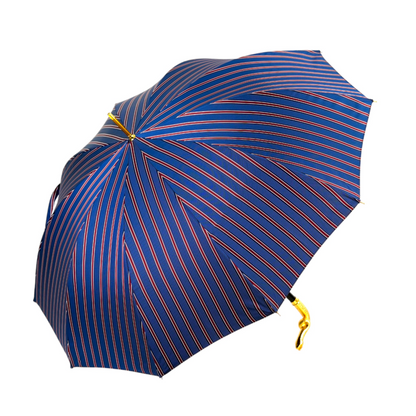 Luxury Blue and Bordeaux Striped Men’s Umbrella with Gold Snake Handle