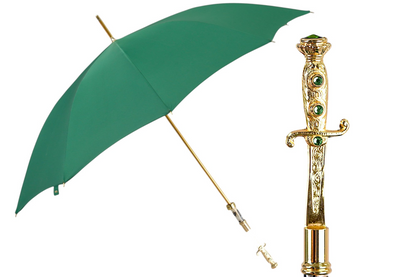 Majestic Green Men's Umbrella with Ornate 24K Gold Sword Handle