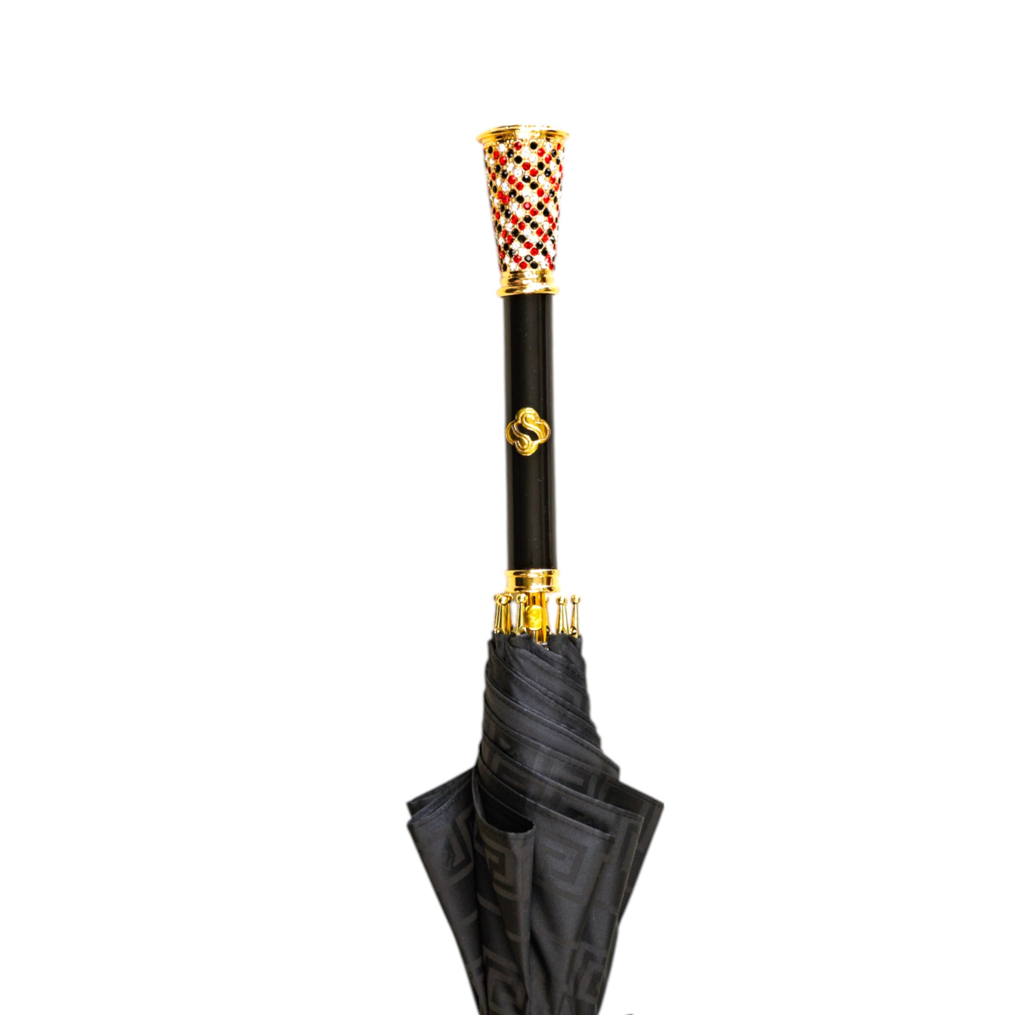 Elegant Black Greca Umbrella with Crystal-Set Gold Handle