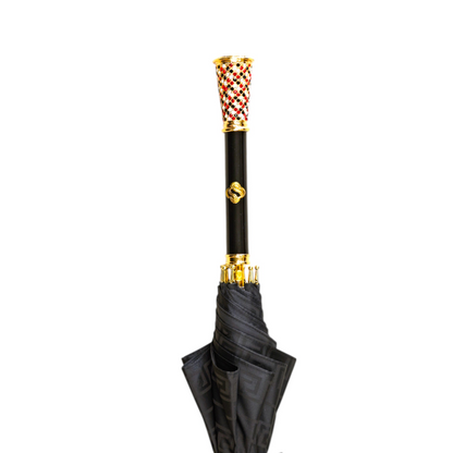 Elegant Black Greca Umbrella with Crystal-Set Gold Handle