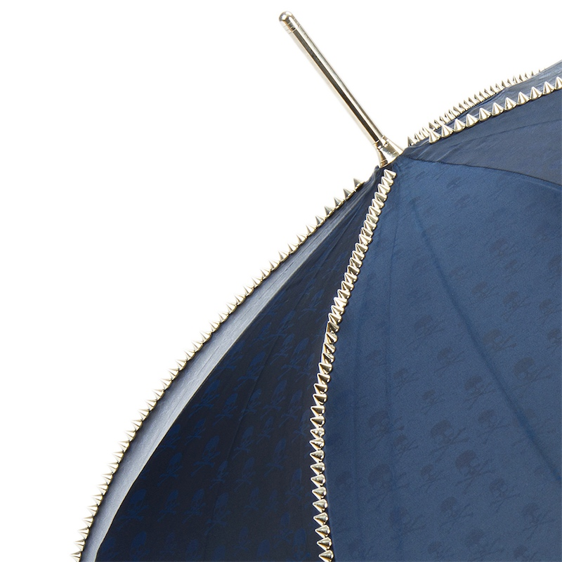 Handmade Navy Umbrella with Studded Canopy and Silver Skull Handle