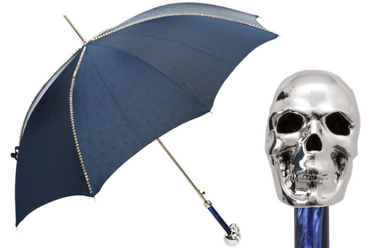 Handmade Navy Umbrella with Studded Canopy and Silver Skull Handle