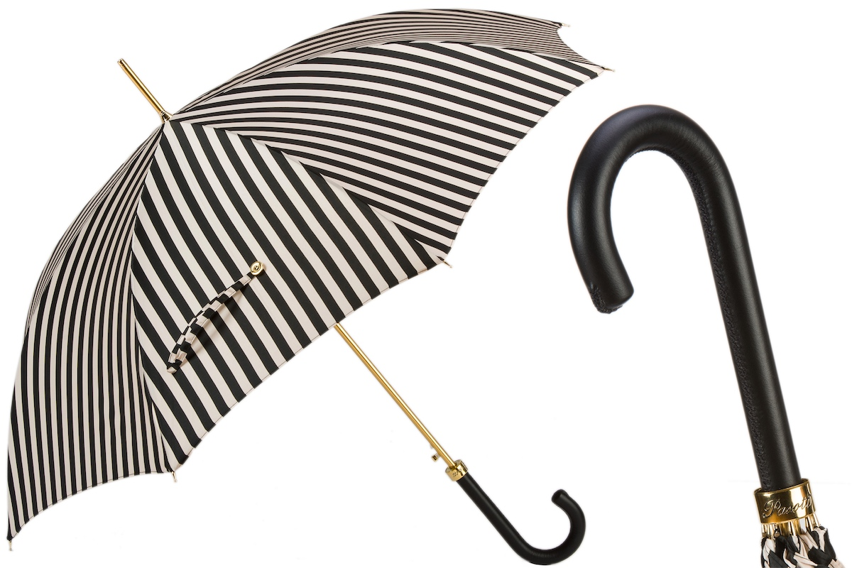 Handmade Black and White Striped Umbrella with Leather Handle