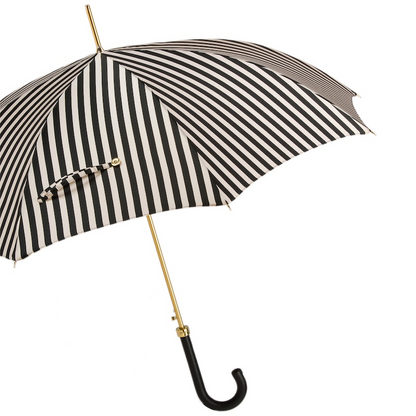 Handmade Black and White Striped Umbrella with Leather Handle