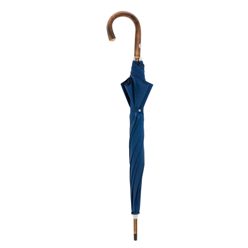 Chestnut Wooden Handle Solid Stick Blue Umbrella – Handmade in Italy