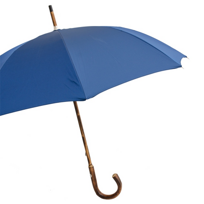 Chestnut Wooden Handle Solid Stick Blue Umbrella – Handmade in Italy
