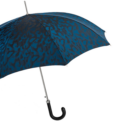 Camouflage Navy Umbrella with Leather Handle – Handmade Italian Luxury