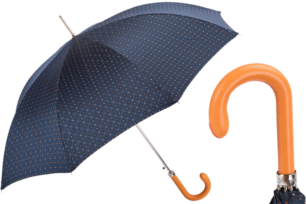 Designer Automatic Tie Print Umbrella with Orange Leather Handle
