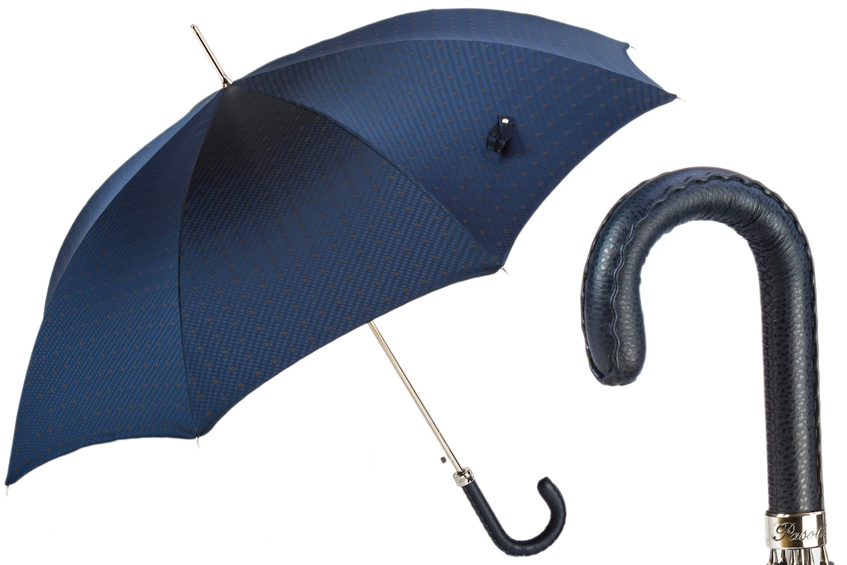 Gents Manual Umbrella with Navy Leather Handle, Handmade in Italy