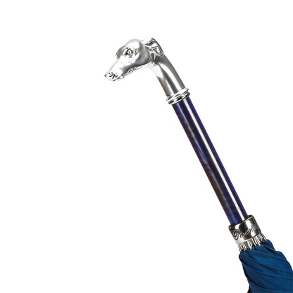 Blue Umbrella with Silver Greyhound Handle – Handmade Italian Luxury