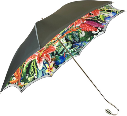 Luxury Grey Ombre Umbrella with Floral Interior and Swarovski Handle