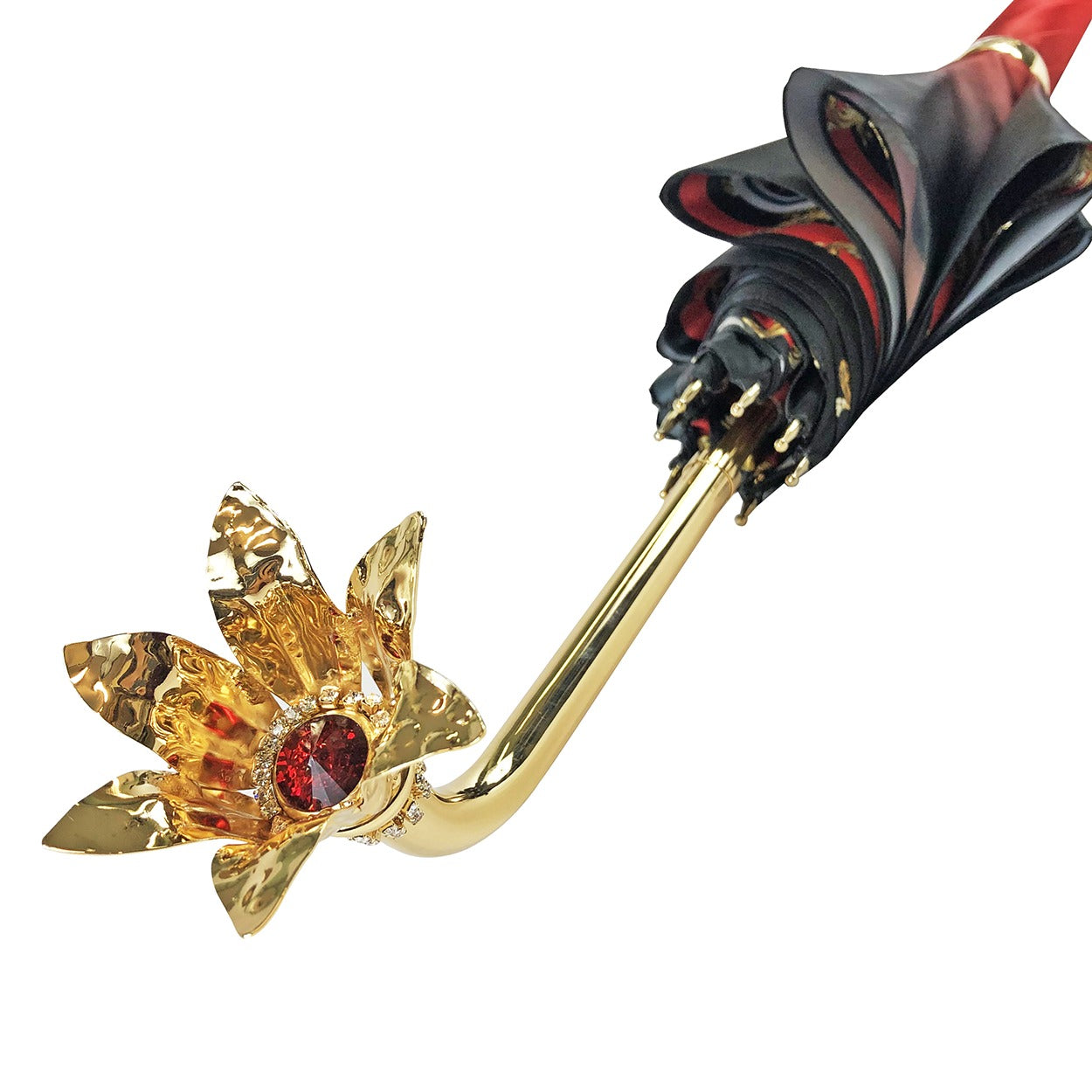 Marvelous Green and Red Umbrella with Gold-Plated Floral Handle