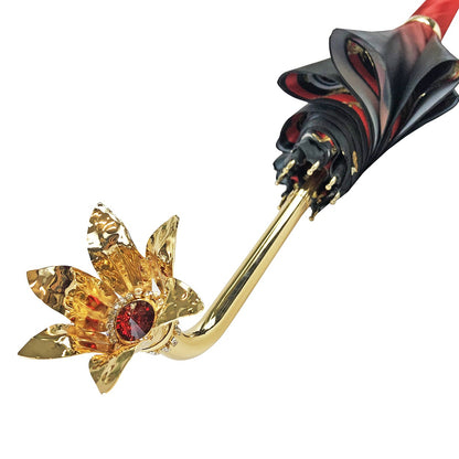 Marvelous Green and Red Umbrella with Gold-Plated Floral Handle