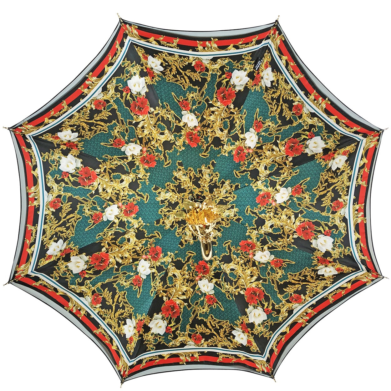 Marvelous Green and Red Umbrella with Gold-Plated Floral Handle