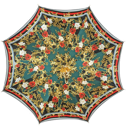 Marvelous Green and Red Umbrella with Gold-Plated Floral Handle