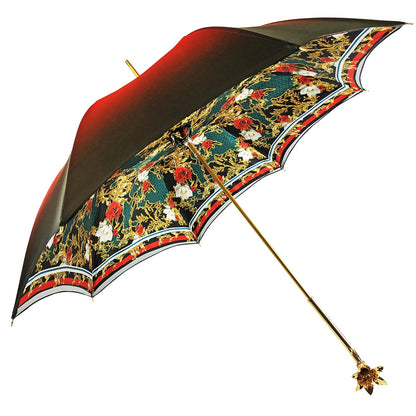 Marvelous Green and Red Umbrella with Gold-Plated Floral Handle