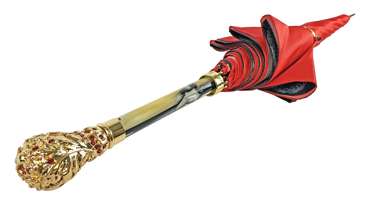 Royal Elegance – Red and Grey Umbrella with Crown Design