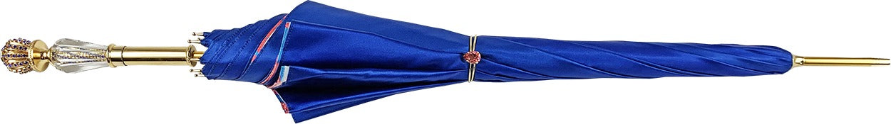 Luxury Blue Umbrella with Coral Interior and 24K Gold Crystal Handle