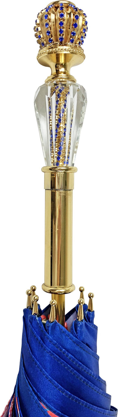 Luxury Blue Umbrella with Coral Interior and 24K Gold Crystal Handle