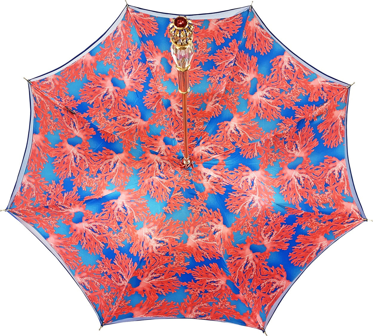 Luxury Blue Umbrella with Coral Interior and 24K Gold Crystal Handle