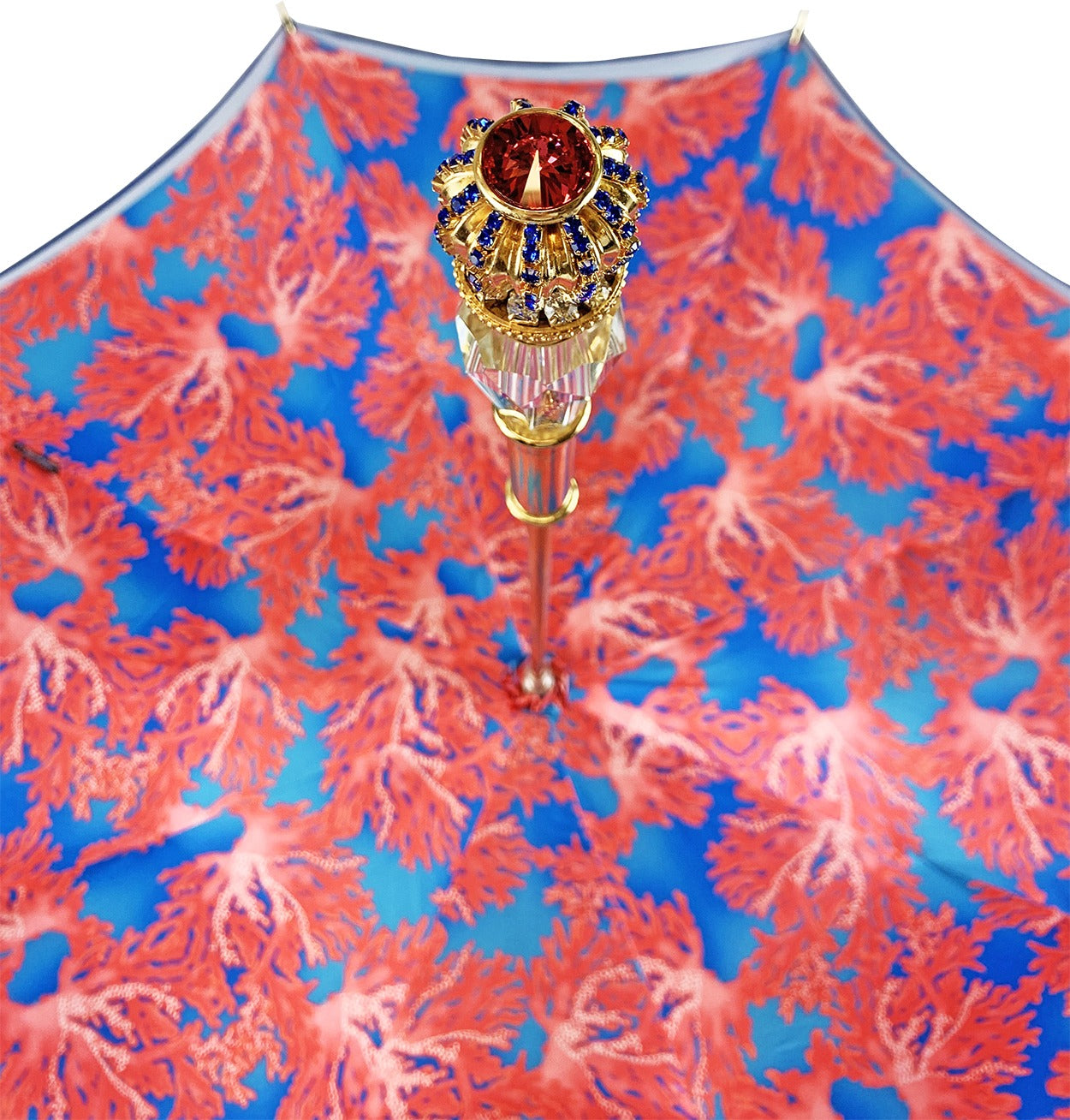 Luxury Blue Umbrella with Coral Interior and 24K Gold Crystal Handle