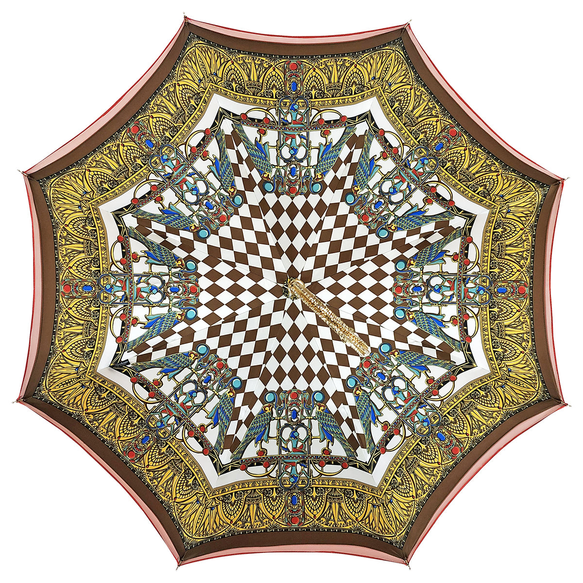 Luxury Red Umbrella with Egyptian Interior and 24K Gold Crystal Handle