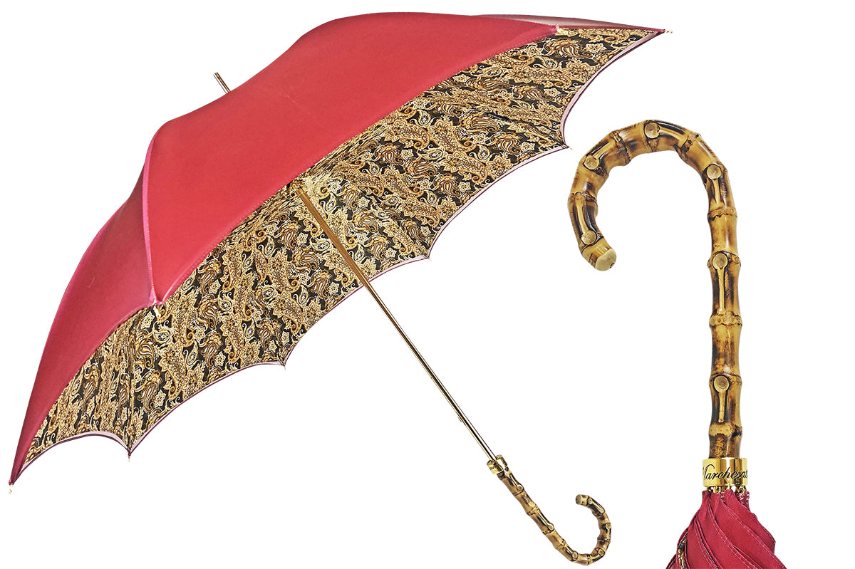 Handmade Italian Classic Burgundy Umbrella with Elegant Bamboo Handle