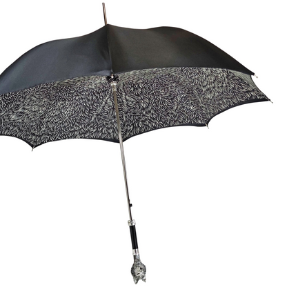 Premium Black Umbrella with Hand-Painted 925 Wolf Handle