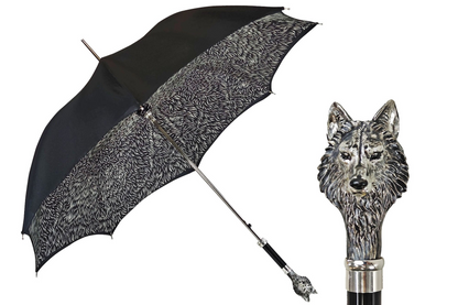 Premium Black Umbrella with Hand-Painted 925 Wolf Handle