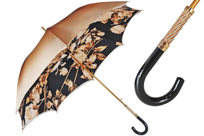 Chic Elegant Ladies Umbrella – Black and Brown Floral Design