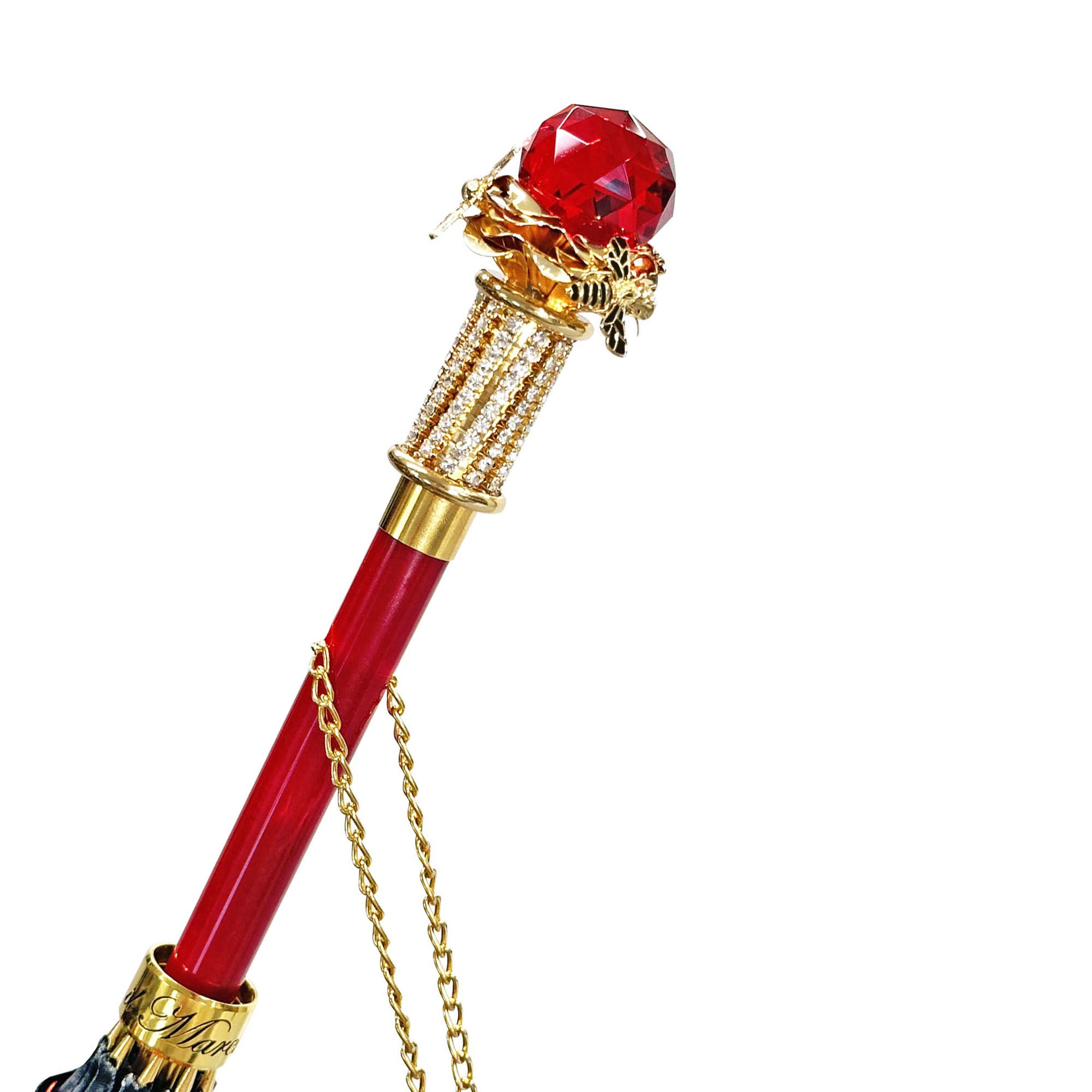Red Crystal Accents Luxurious Red Umbrella with 24K Gold Bee Handle