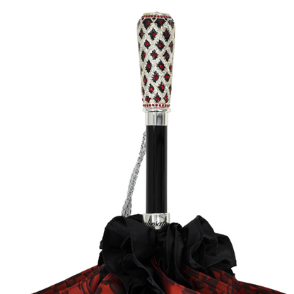 Designer Umbrella Featuring Black Ruffles and Silver-Plated Accents