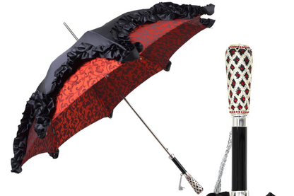 Designer Umbrella Featuring Black Ruffles and Silver-Plated Accents