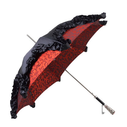 Designer Umbrella Featuring Black Ruffles and Silver-Plated Accents
