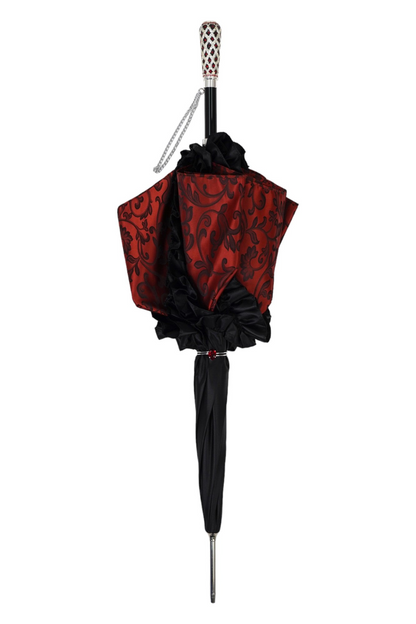Designer Umbrella Featuring Black Ruffles and Silver-Plated Accents