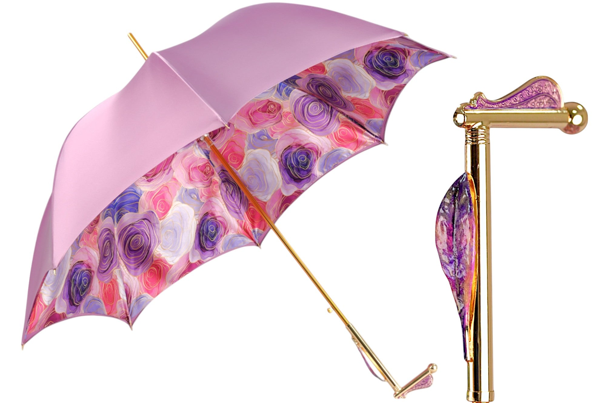 Luxury Pink Umbrella with Hand-Painted Floral 24K Gold Handle
